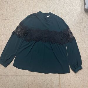 Elegant Green Lace Trim Women's Top EUC